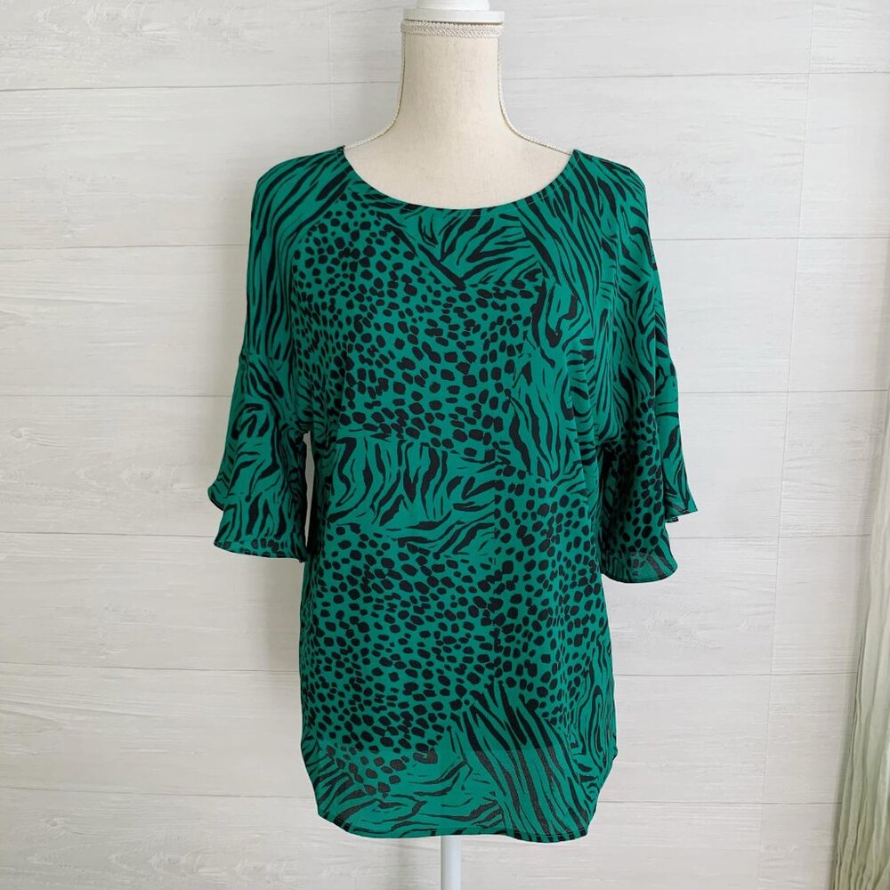 CAbi #3863 Purr Green & Black Flutter Sleeve Open Tie Back Blouse, S